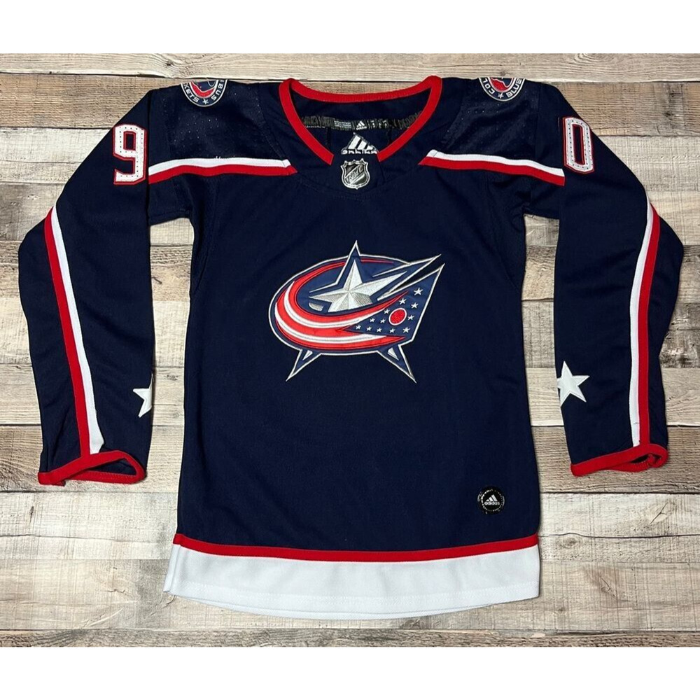 Elvis Merzlikins Jersey Womens Small Blue Reebok Capital Blue Jackets NHL Hockey